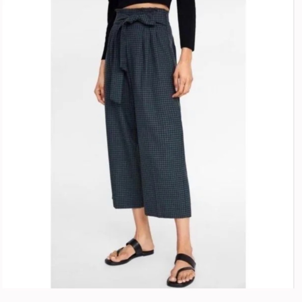 Zara Wide Leg Crop Front Tie Pleated Culotte Pants Plaid Size Large